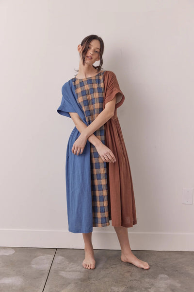 Contrast Midi Dress in Blue and Brown