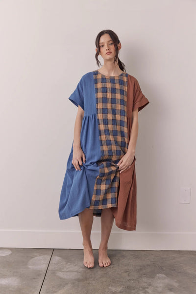 Contrast Midi Dress in Blue and Brown