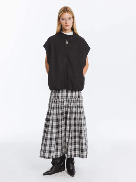 Elastic Draw String High Waist Checked Skirt in Black