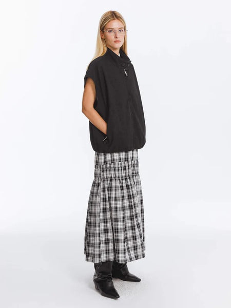 Elastic Draw String High Waist Checked Skirt in Black