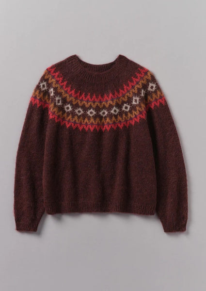 Fair Isle Yoke Mohair Blend Easy Sweater in Red & Multicolour