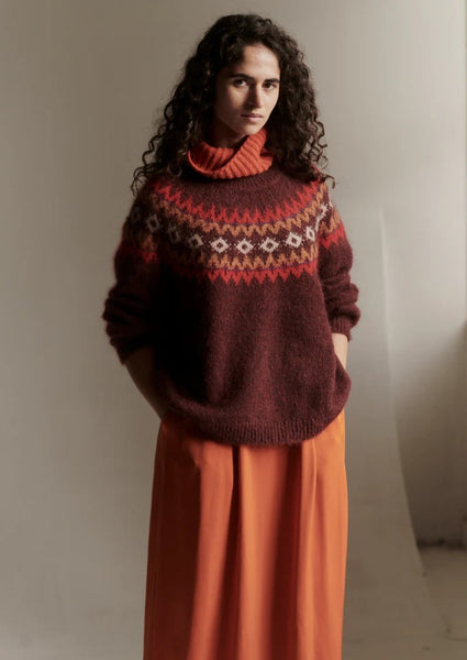 Fair Isle Yoke Mohair Blend Easy Sweater in Red & Multicolour