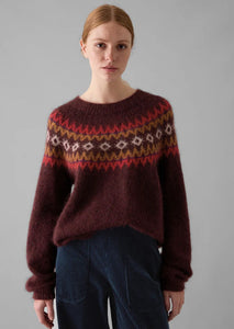 Fair Isle Yoke Mohair Blend Easy Sweater in Red & Multicolour