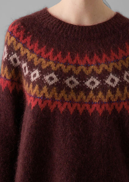 Fair Isle Yoke Mohair Blend Easy Sweater in Red & Multicolour