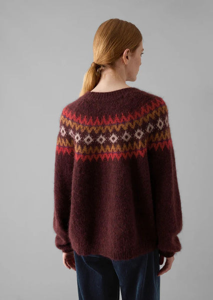 Fair Isle Yoke Mohair Blend Easy Sweater in Red & Multicolour