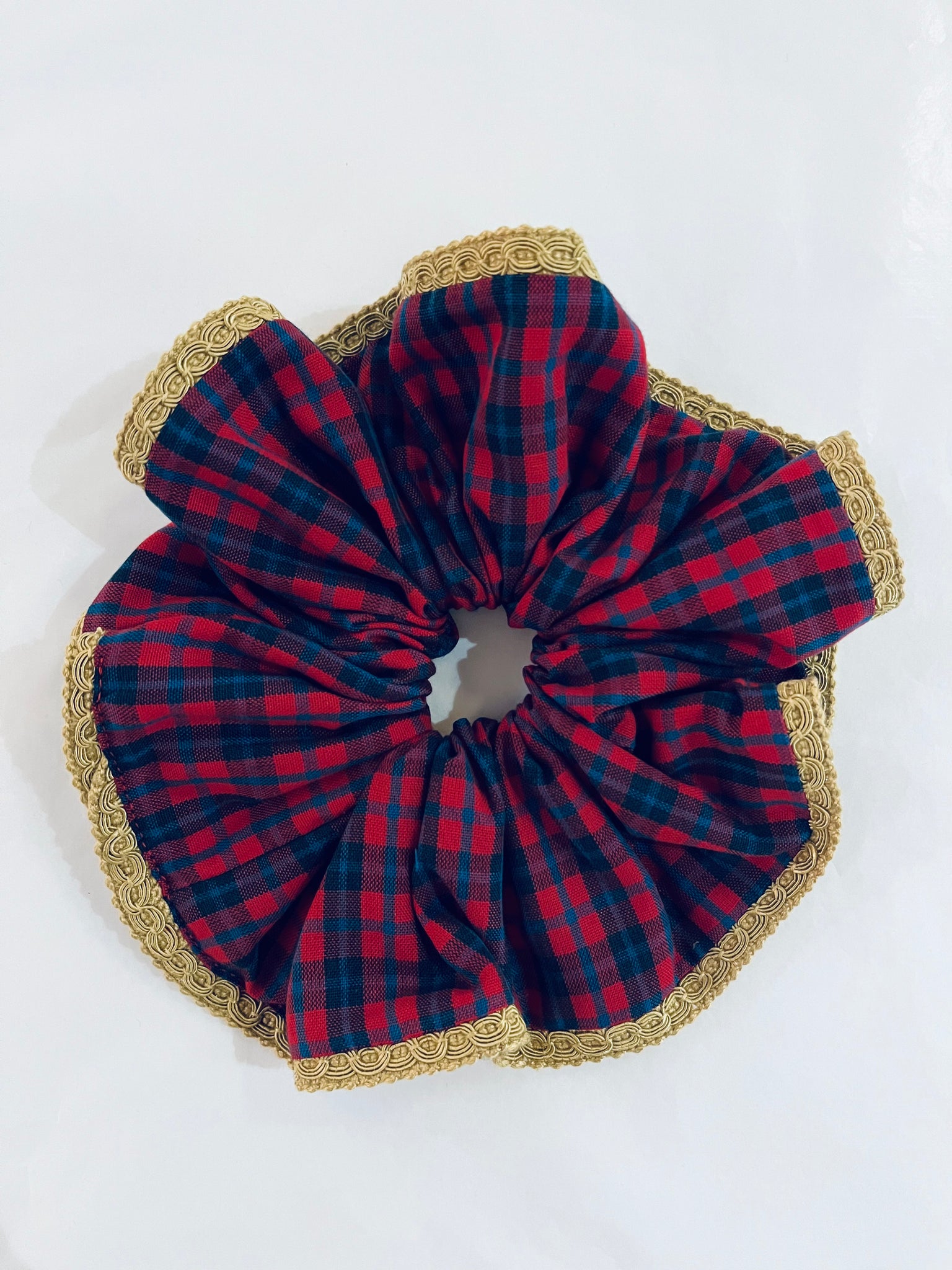 Medium Scrunchie in Red and Blue Check (Gold Trim)