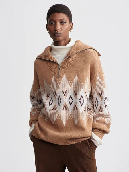 Heidi Jacquard Half-Zip Sweater in Camel, Whitecap and Grey