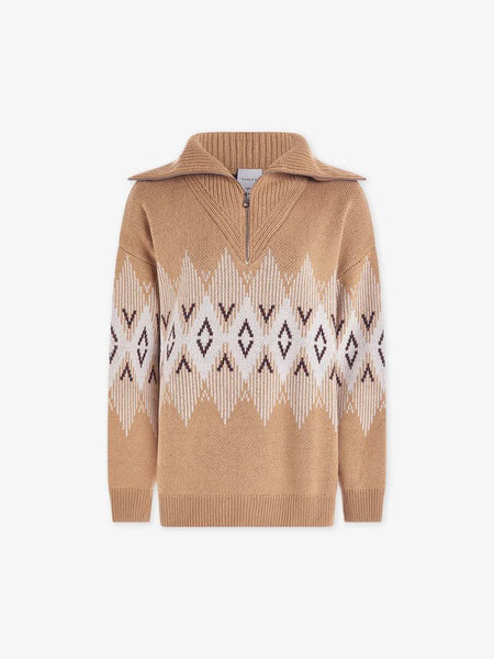 Heidi Jacquard Half-Zip Sweater in Camel, Whitecap and Grey