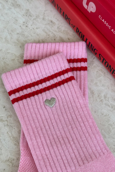 Embroidered Boyfriend Socks - Amour Pink with Heart