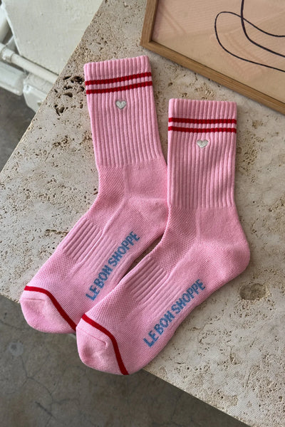 Embroidered Boyfriend Socks - Amour Pink with Heart