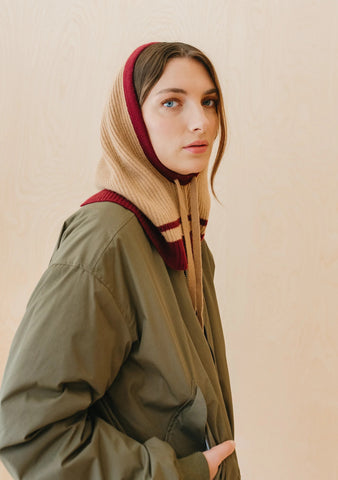 Merino Hood in Camel and Red