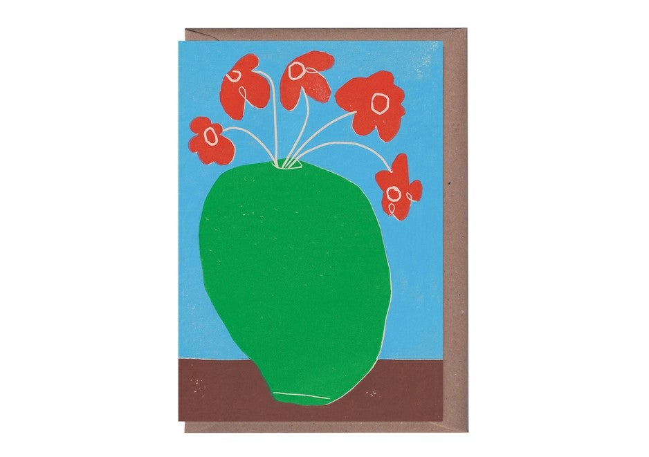 Red Flowers in a Green Vase Card