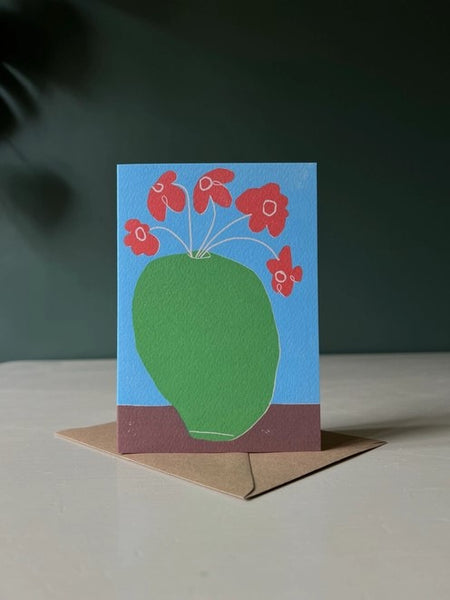 Red Flowers in a Green Vase Card